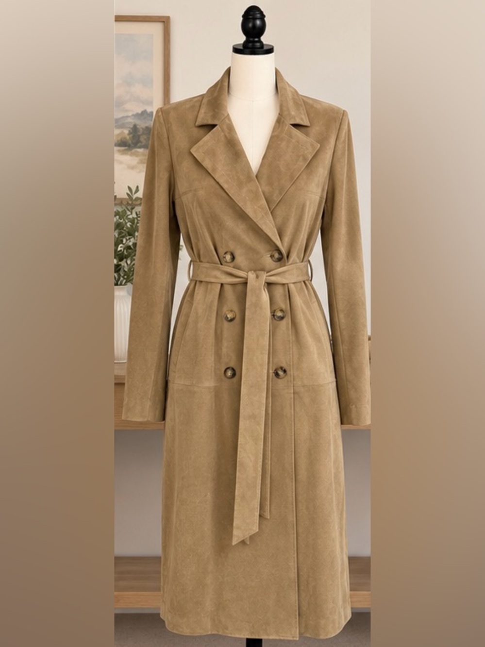 Classic Tan Suede Double-Breasted Trench Coat with Belt